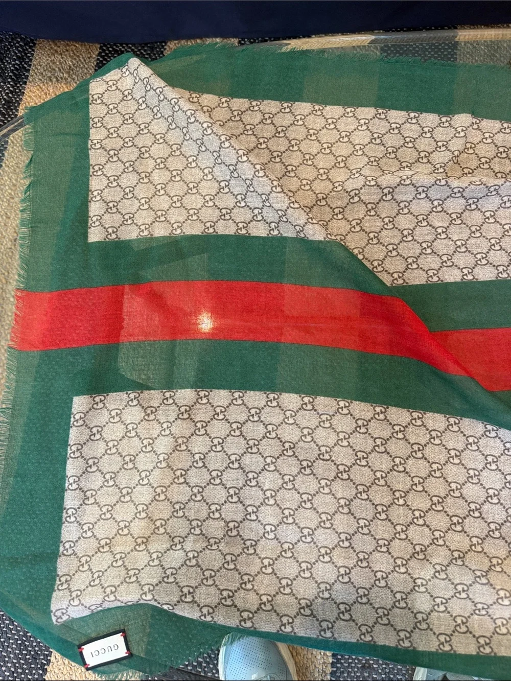 Gucci Beige Monogram Scarf with Tiger and Green-Red Stripe